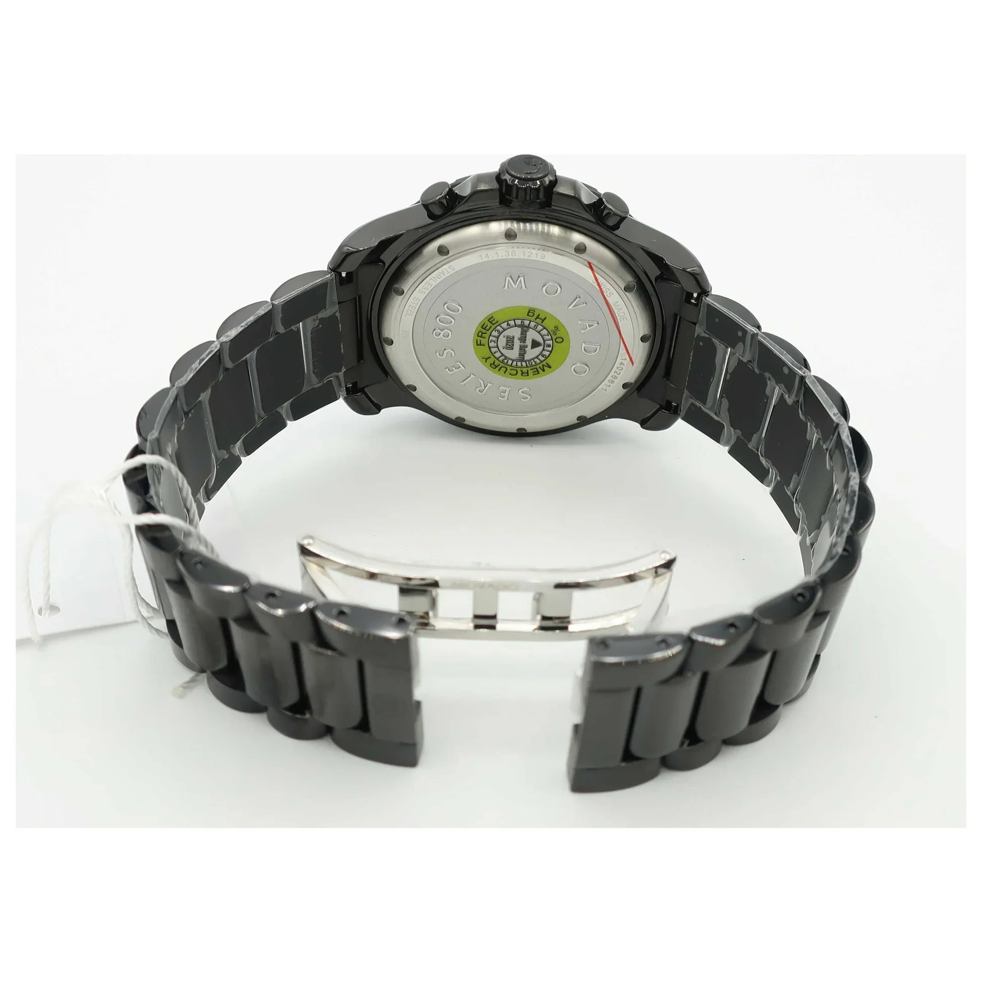 Movado Series 800 Chronograph caseback with circular decoration and green accent detail
