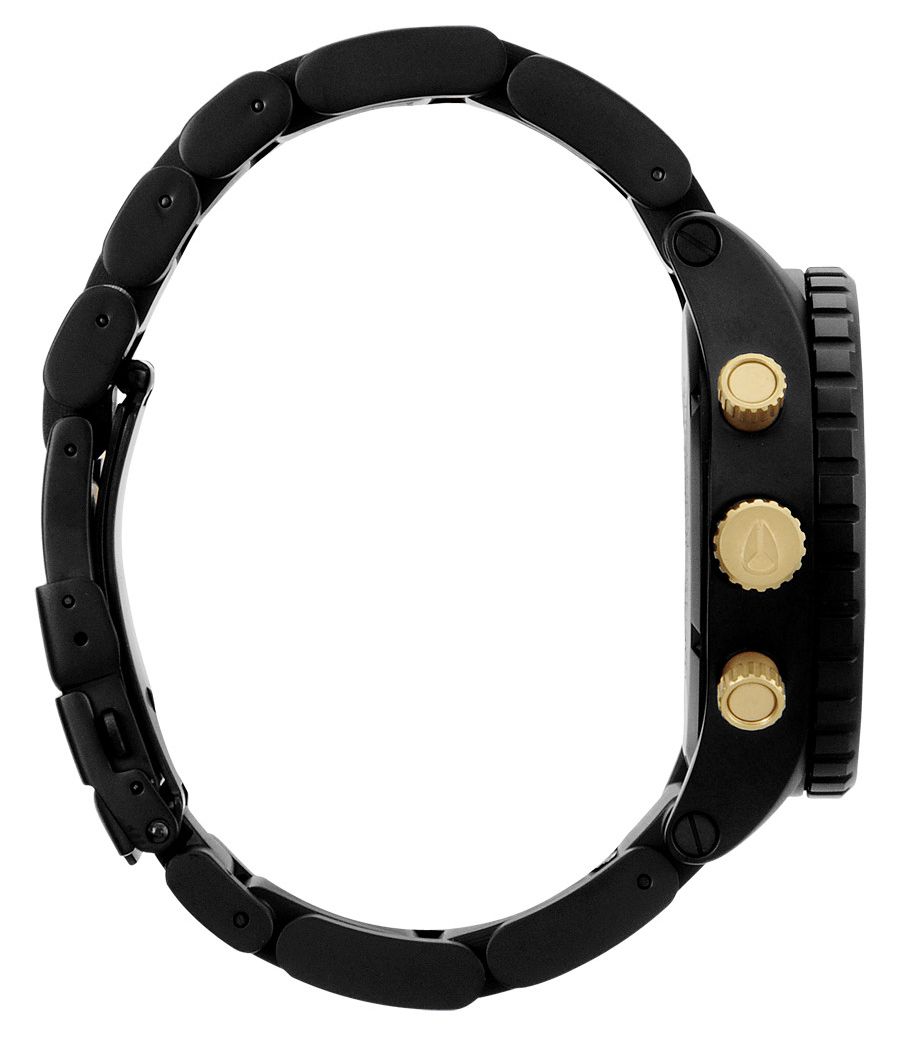 Nixon 42-20 Chrono side profile showing black stainless steel case and bracelet with gold pushers