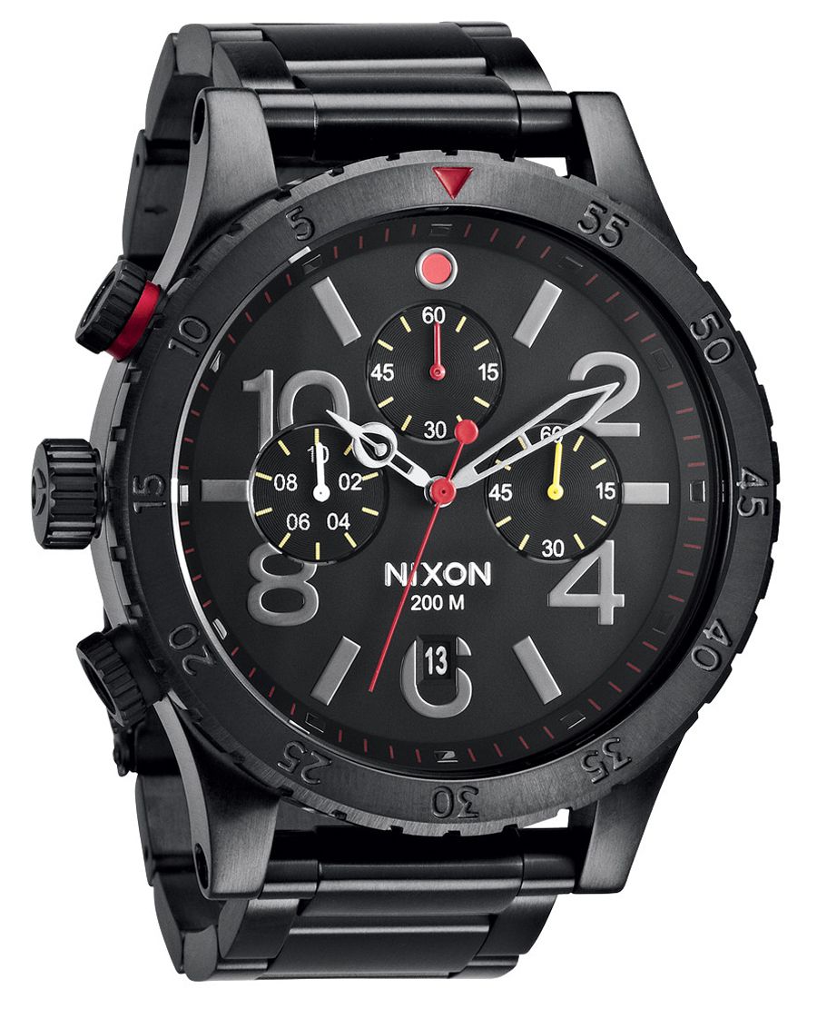 Nixon 48-20 Chrono black dial chronograph watch with ion-plated case and bracelet