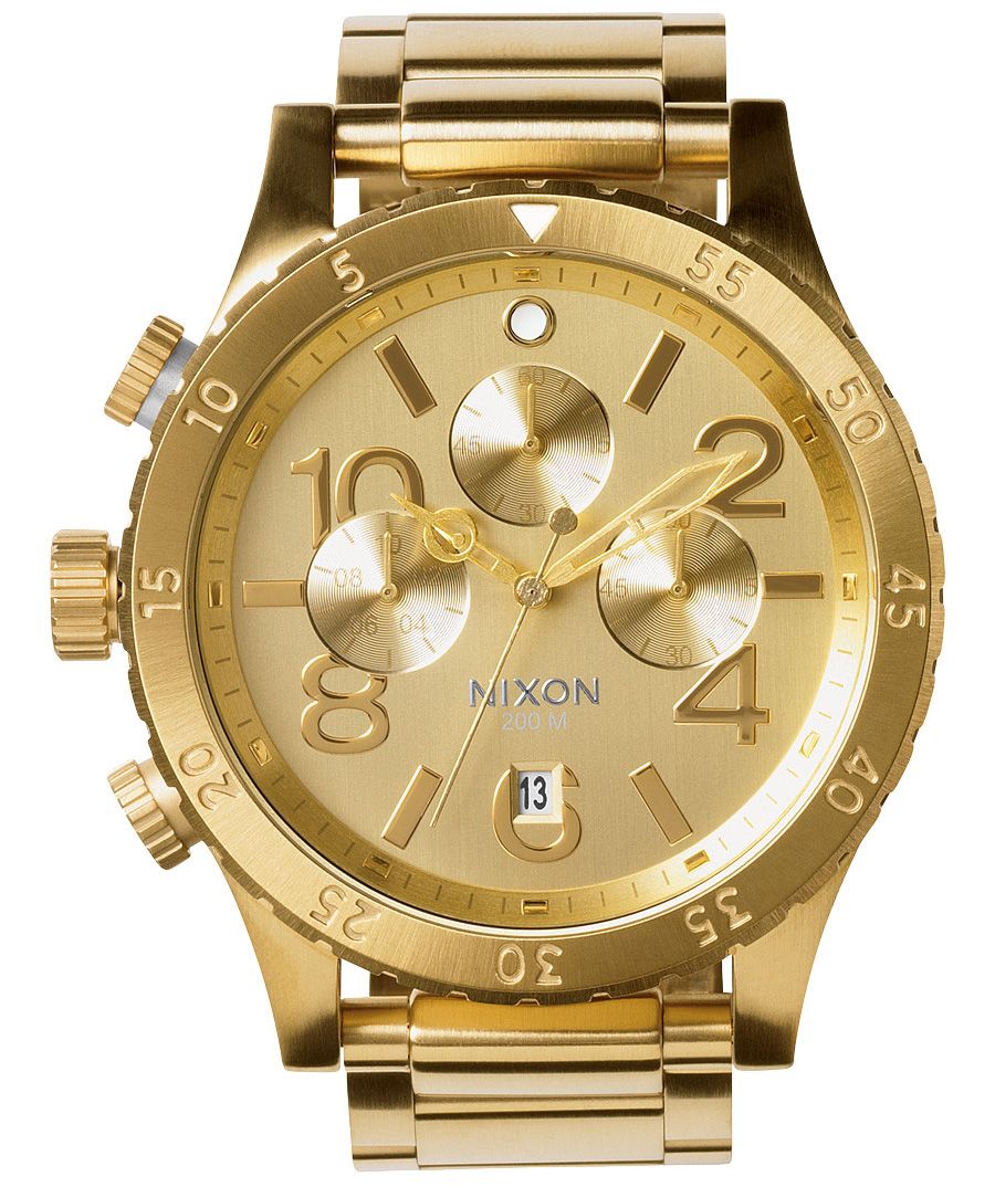 Nixon 48-20 Chrono gold-tone dial men's watch with chronograph subdials and matching bracelet