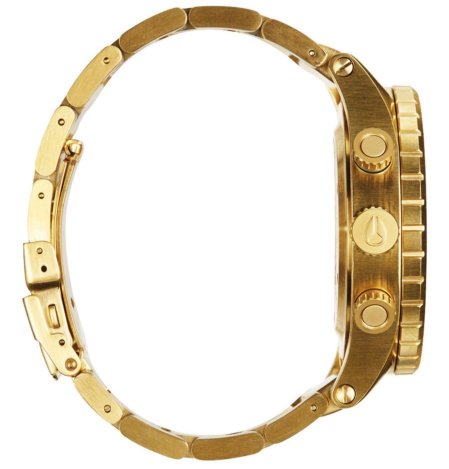 Side profile of Nixon 48-20 Chrono gold-tone watch showing case and bracelet construction