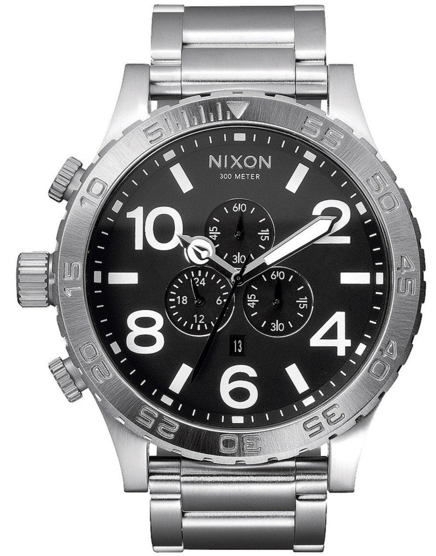 Nixon 51-30 stainless steel chronograph watch with black dial and subdials