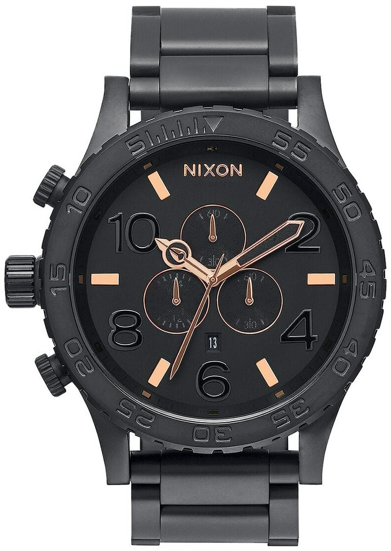 Nixon 51-30 black stainless steel chronograph watch with rose gold accents and date window