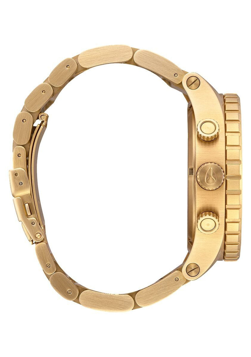 Angled view of Nixon 51-30 Chrono gold watch with bracelet and crown detail