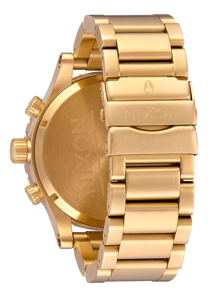Side view of Nixon 51-30 Chrono gold watch showing case thickness and bracelet links