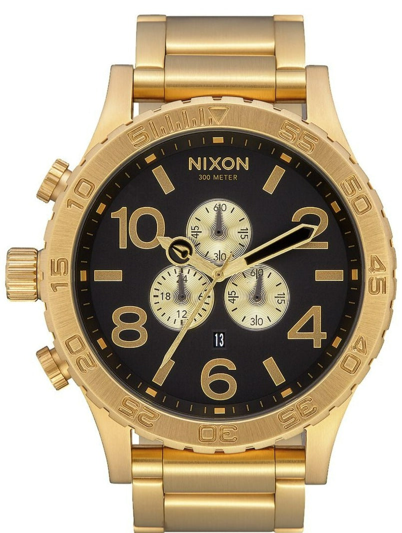 Nixon 51-30 Chrono gold and black men's watch with black dial and three chronograph subdials