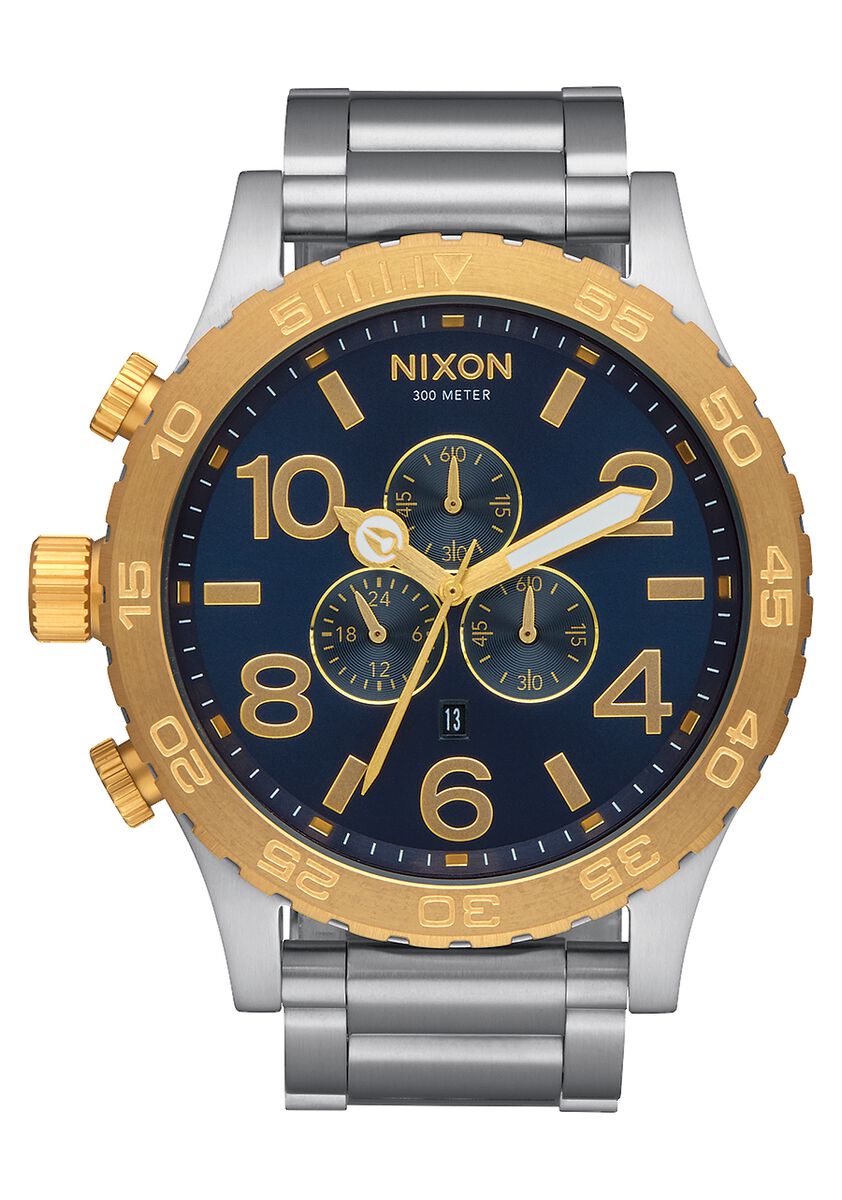 Nixon 51-30 Chrono chronograph watch with silver and gold two-tone design, blue dial
