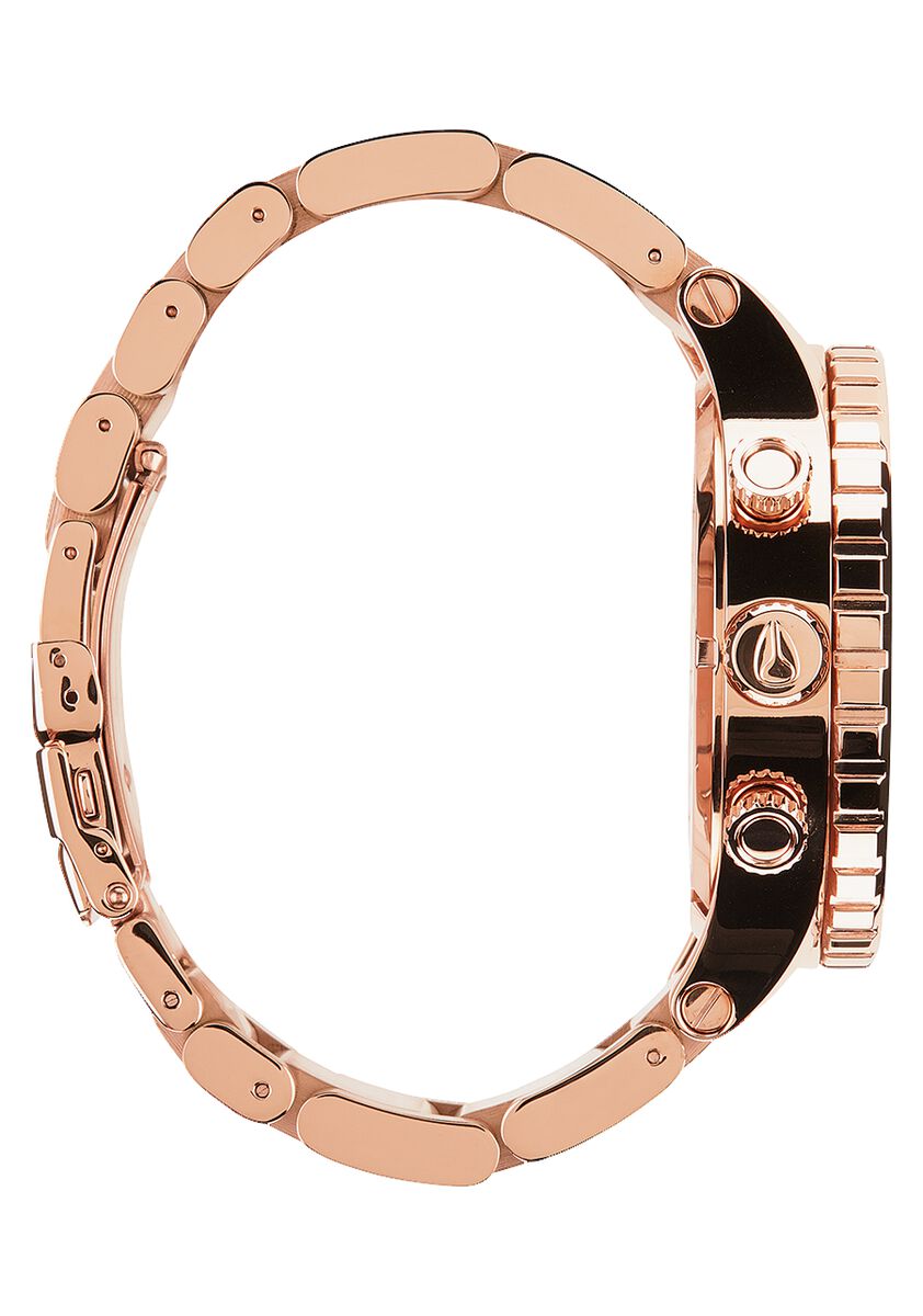 Nixon 51-30 Chrono rose gold watch shown from side angle with metal bracelet