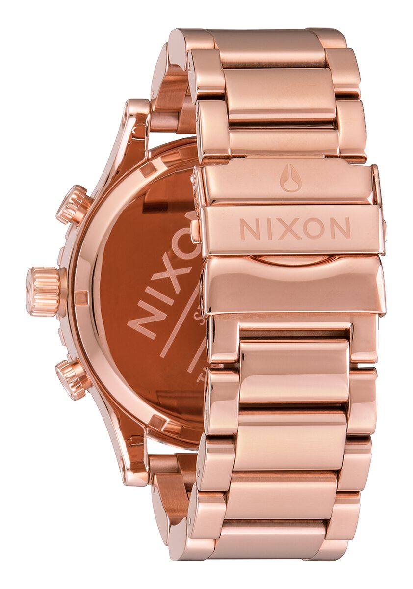Nixon 51-30 Chrono rose gold watch side profile showing case and bracelet