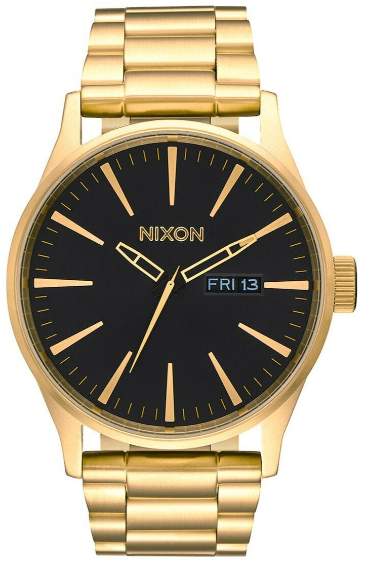 Nixon Sentry black dial gold-tone men's watch with day-date display