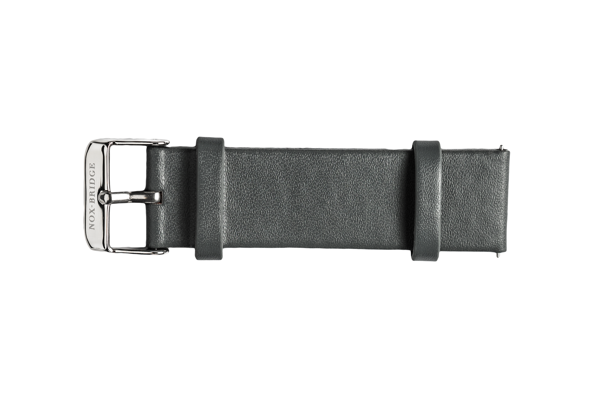 Grey vegan leather watch strap with metal buckle and adjustment holes