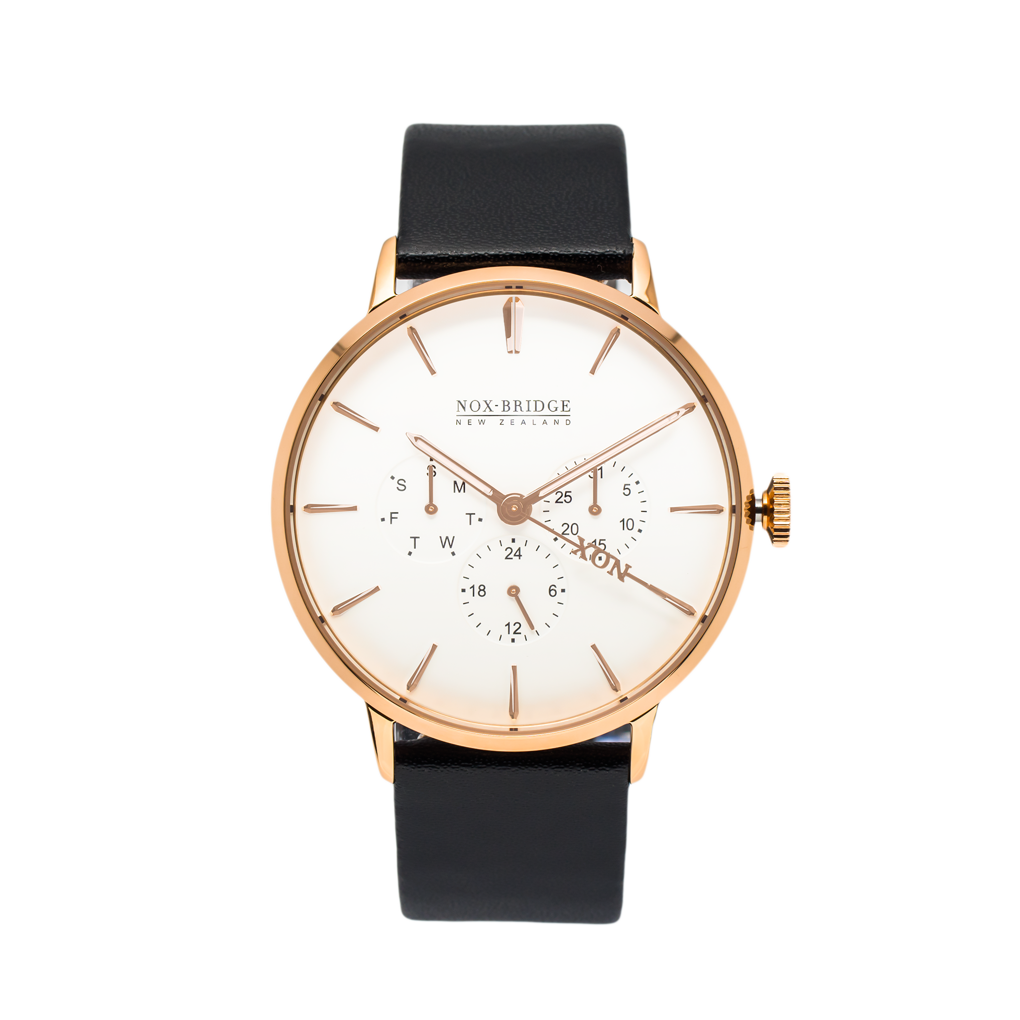 Noxbridge Classic Capella rose gold 41mm watch with cream dial, chronograph subdials, and black leather strap