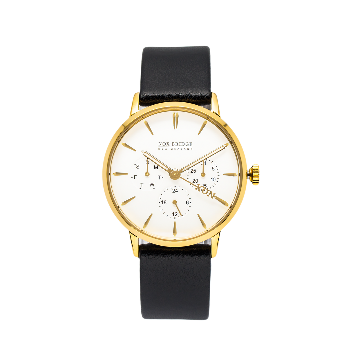 Noxbridge Classic Capella gold 36MM watch with white dial and black leather strap
