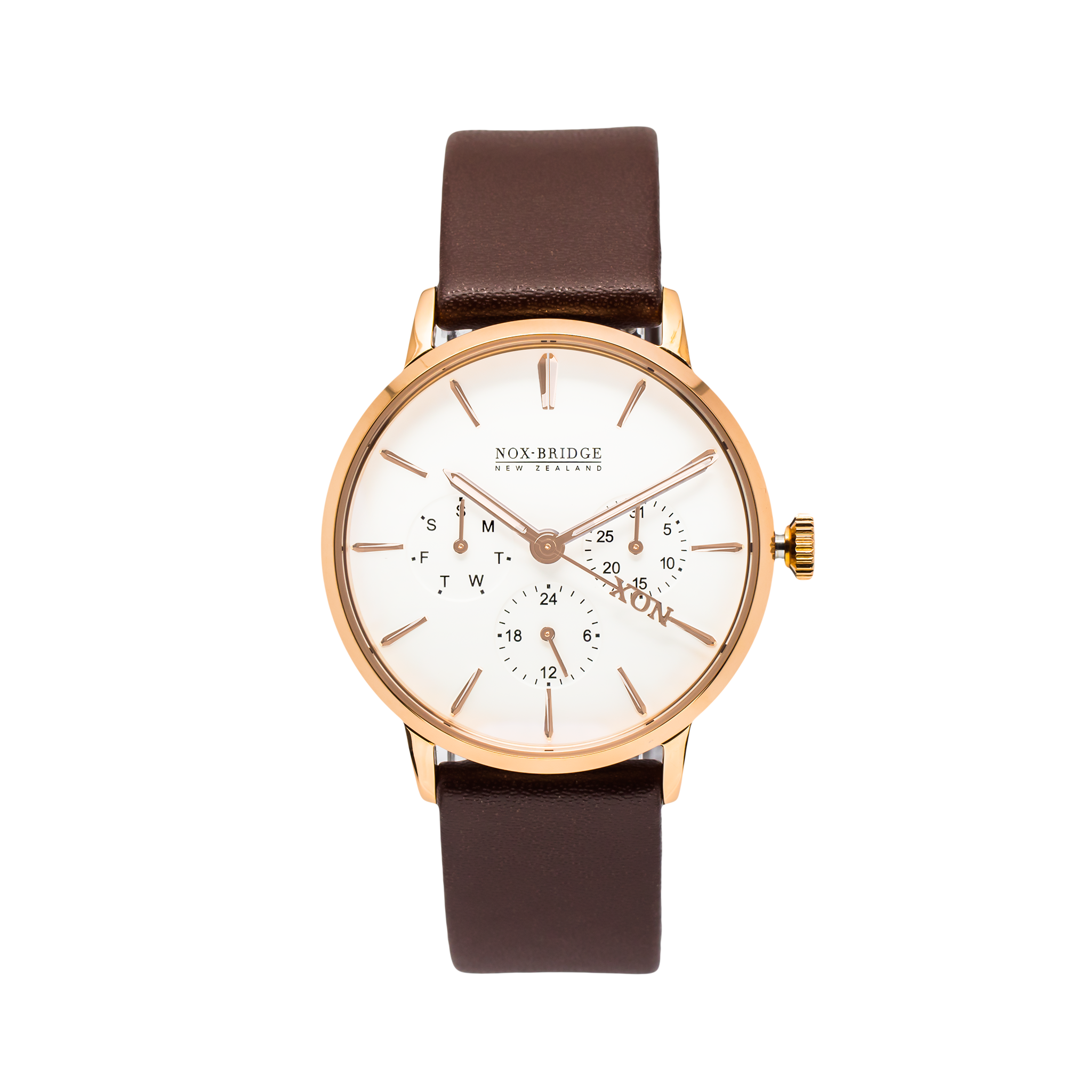 Noxbridge Classic Izar rose gold 36MM watch with white chronograph dial and brown leather strap