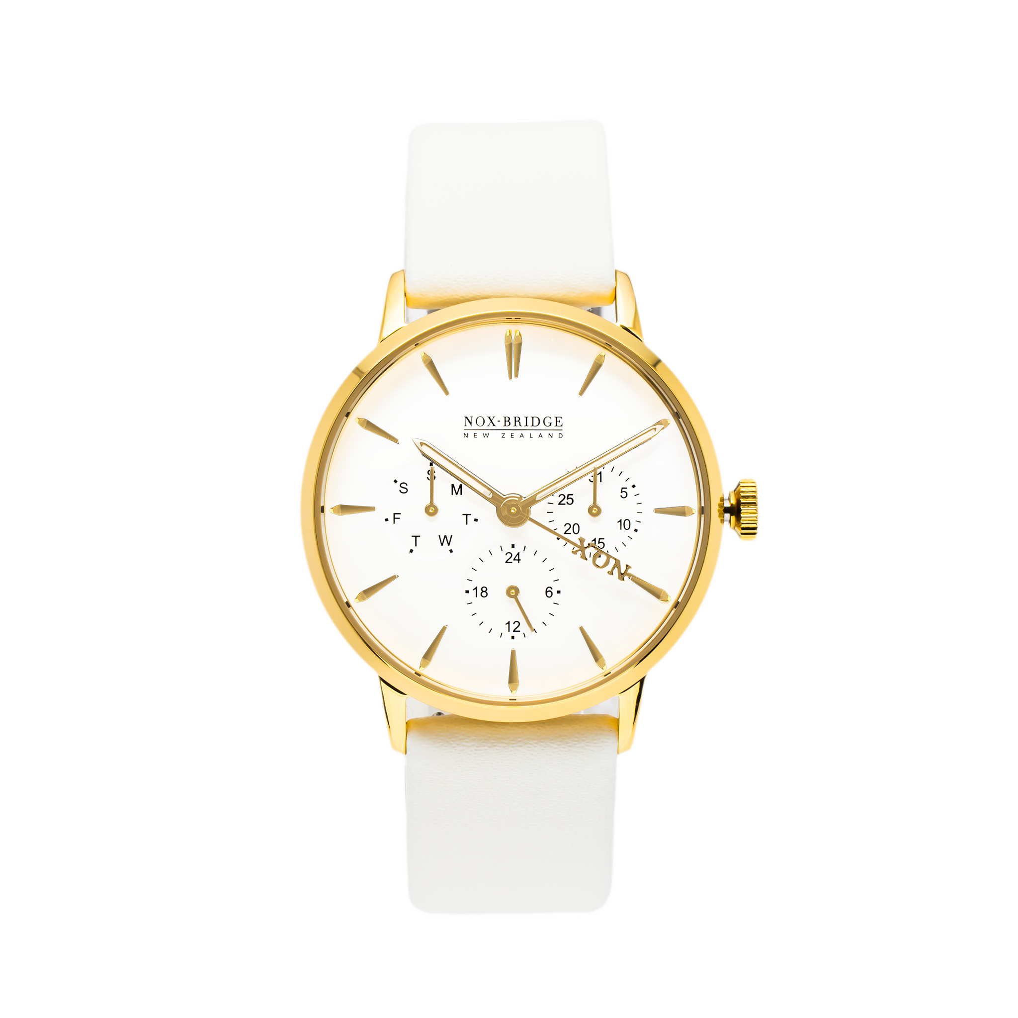 Noxbridge Classic Meissa 36mm gold chronograph watch with white dial and gold plated case