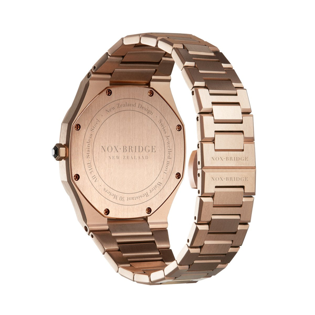 Noxbridge ECC40RG rose gold watch case back showing engraved branding and bracelet