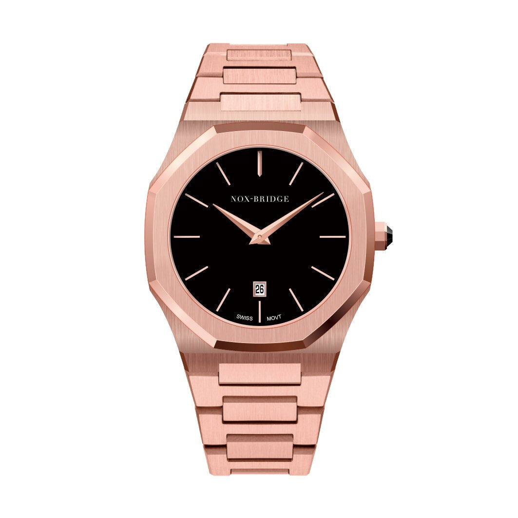 Noxbridge ECC40RG rose gold watch with black dial and rose gold bracelet