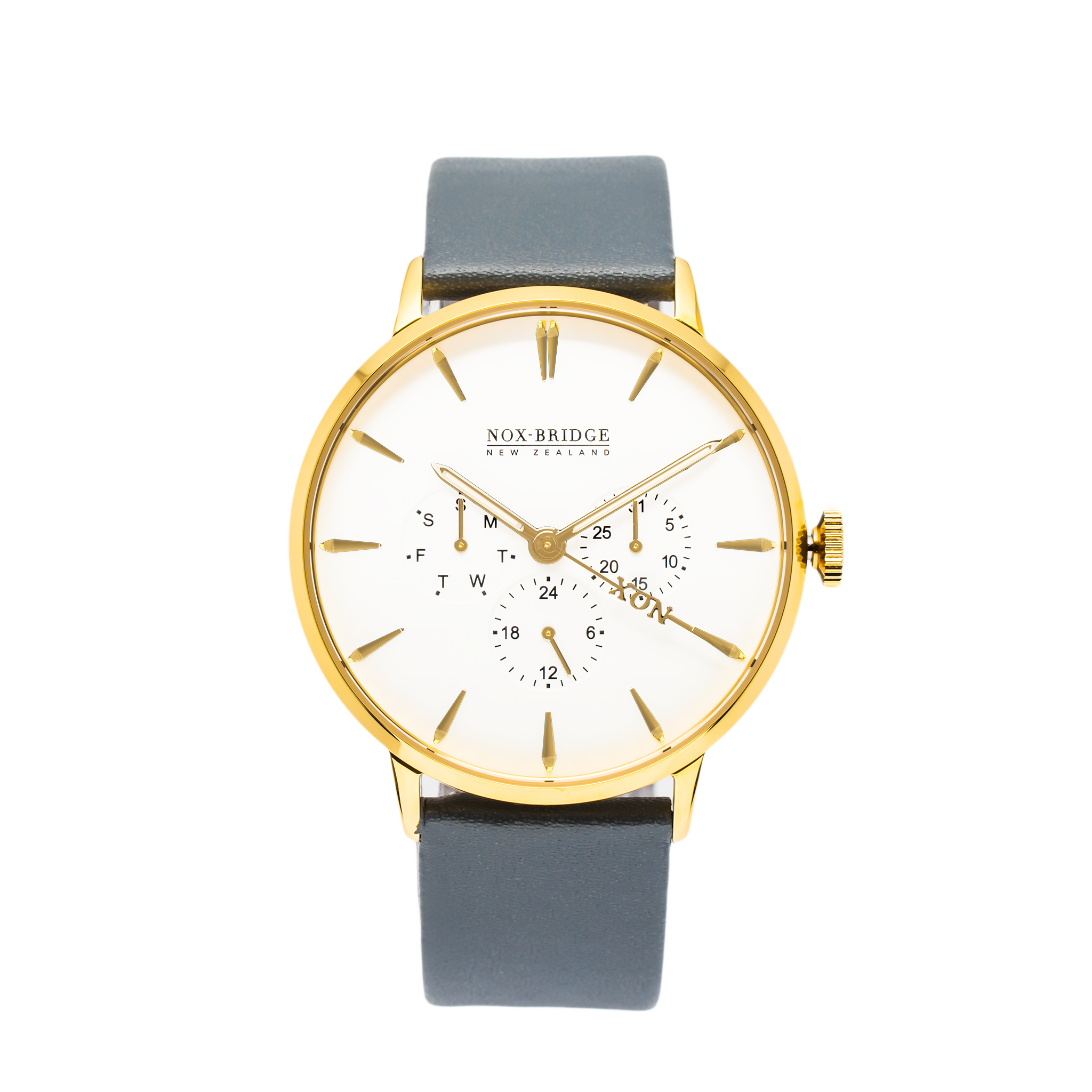 Noxbridge AG41 gold men's watch with white chronograph dial and gray leather strap