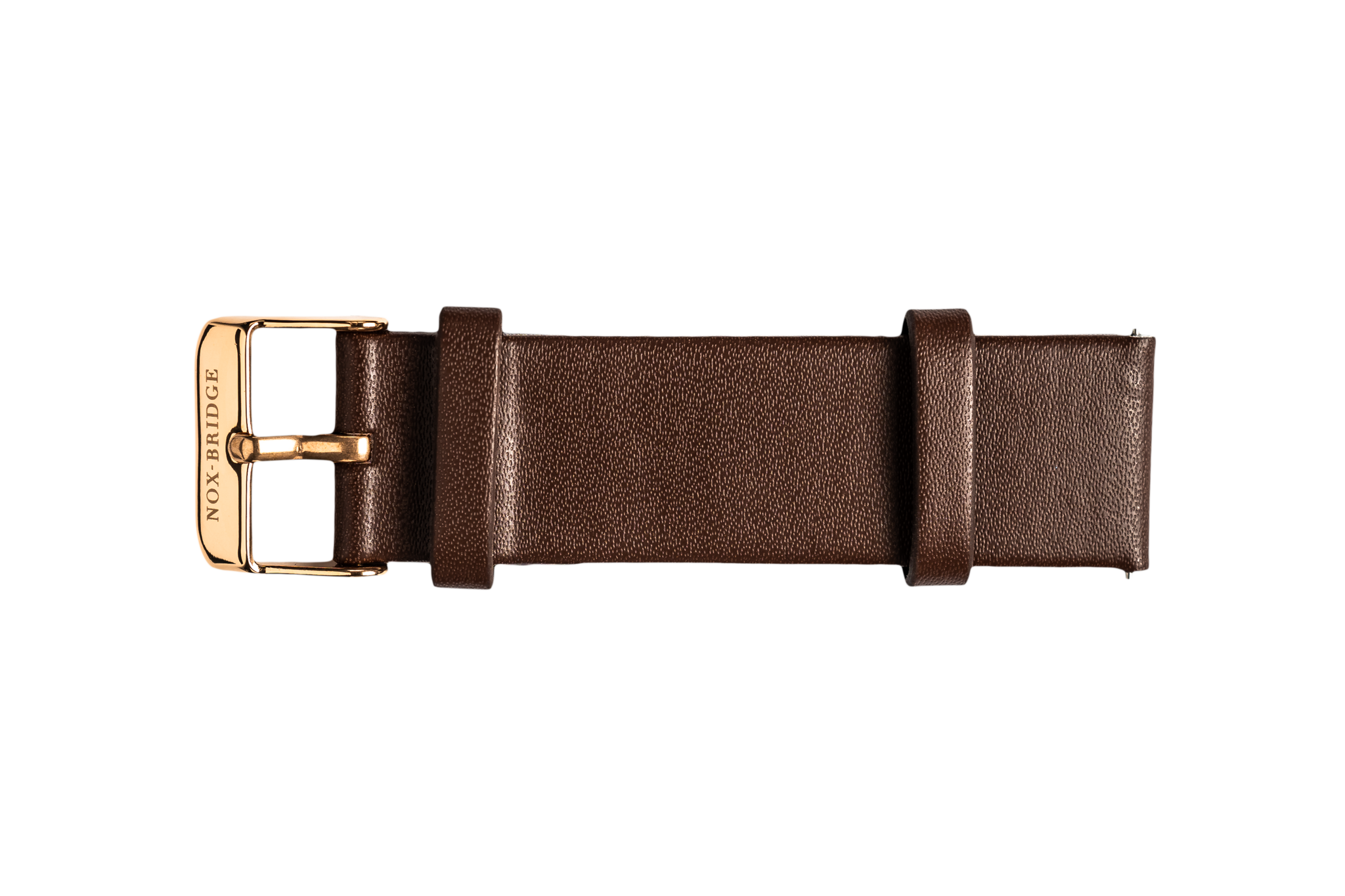 Dark brown vegan leather watch strap with gold-tone buckle, 20mm width