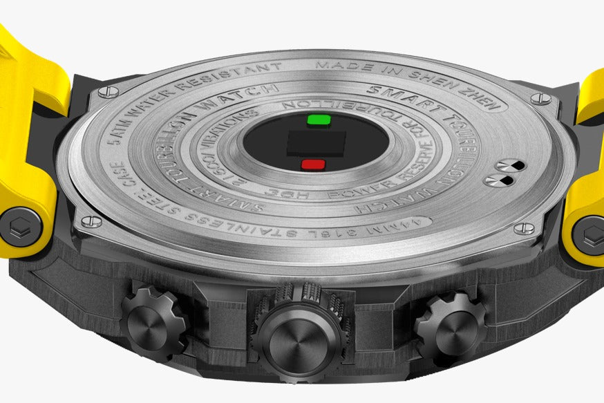 Caseback of Noxbridge Skyway watch with engraved details and indicator indicators showing yellow lugs