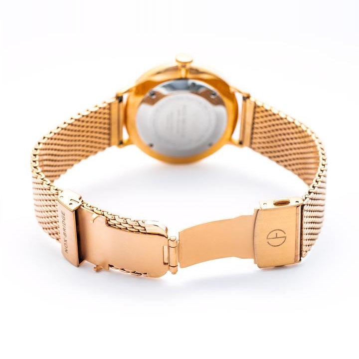 Noxbridge Supreme Phoenix rose gold watch back view showing case and mesh strap with buckle closure