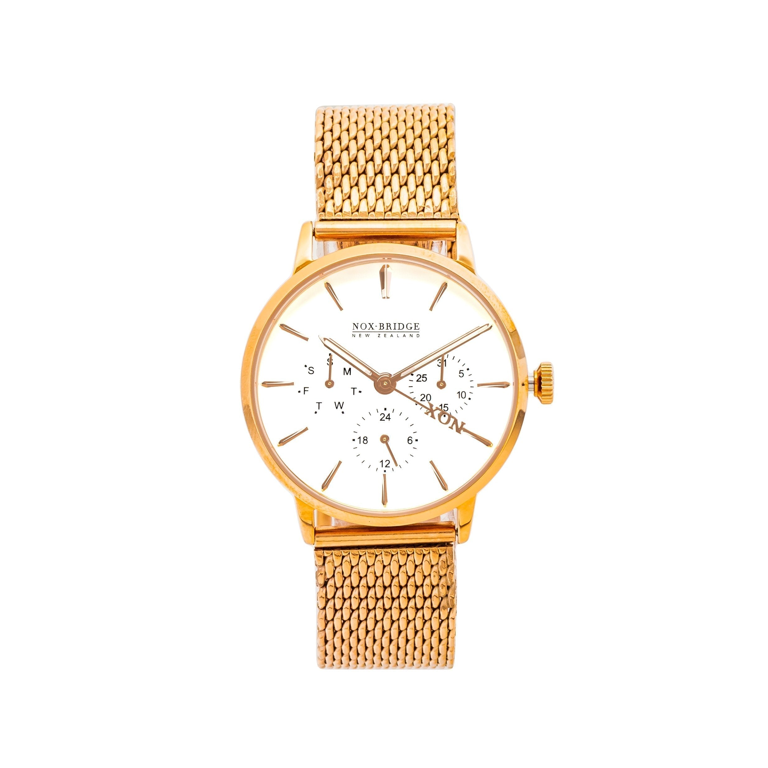 Noxbridge Supreme Phoenix rose gold 36mm watch with mesh strap and white dial featuring chronograph subdials