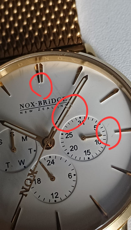 Noxbridge Supreme Vela dial detail showing chronograph subdials and defect markings
