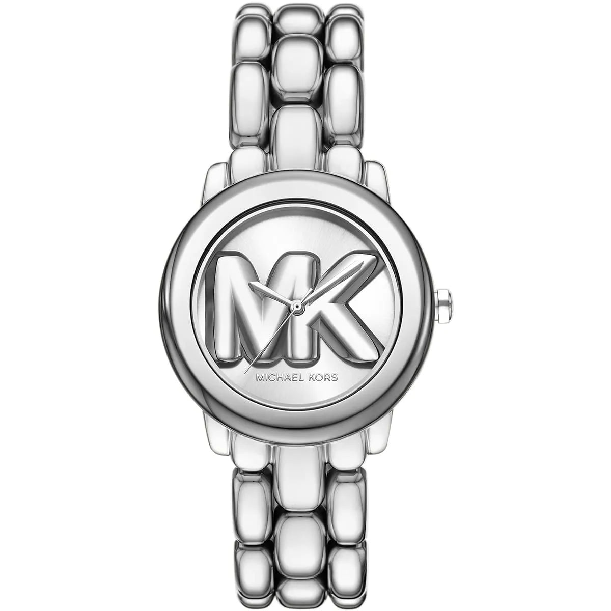 Phoebe silver-tone watch with round MK logo dial and stainless steel metal strap