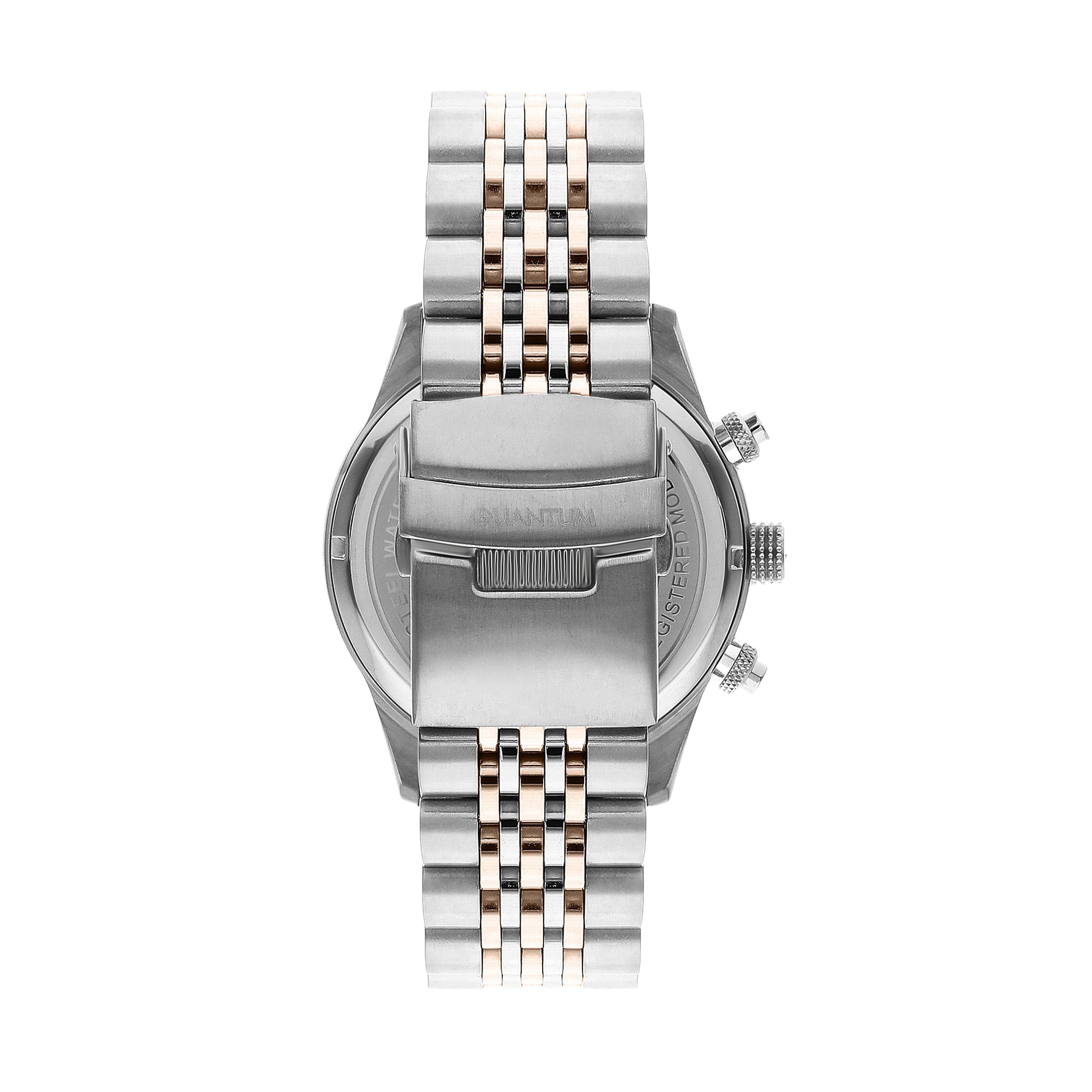 Caseback view of Quantum chronograph watch displaying two-tone rose gold and silver metal strap