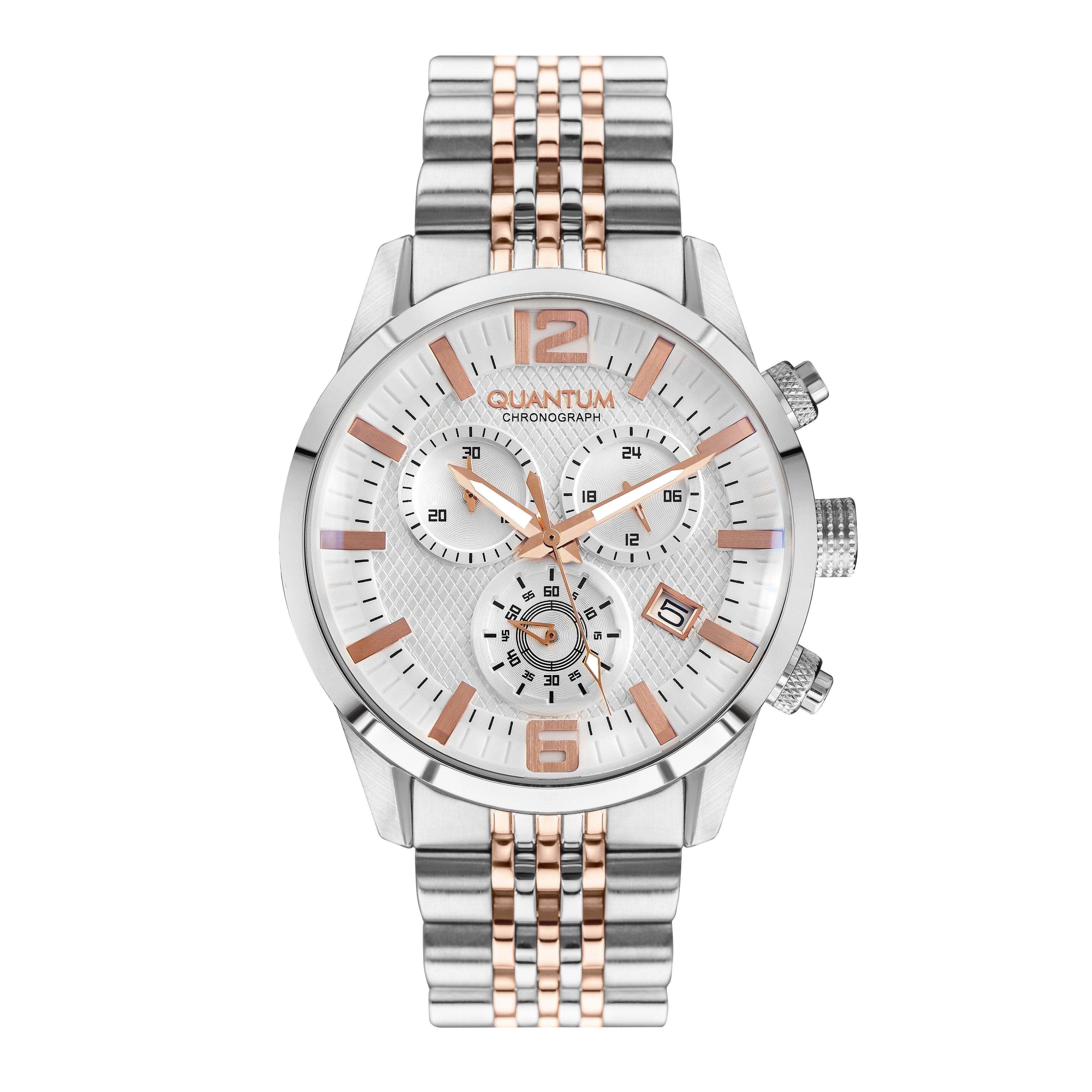 Quantum chronograph men's watch with rose gold and silver metal strap, white dial, and rose gold indices