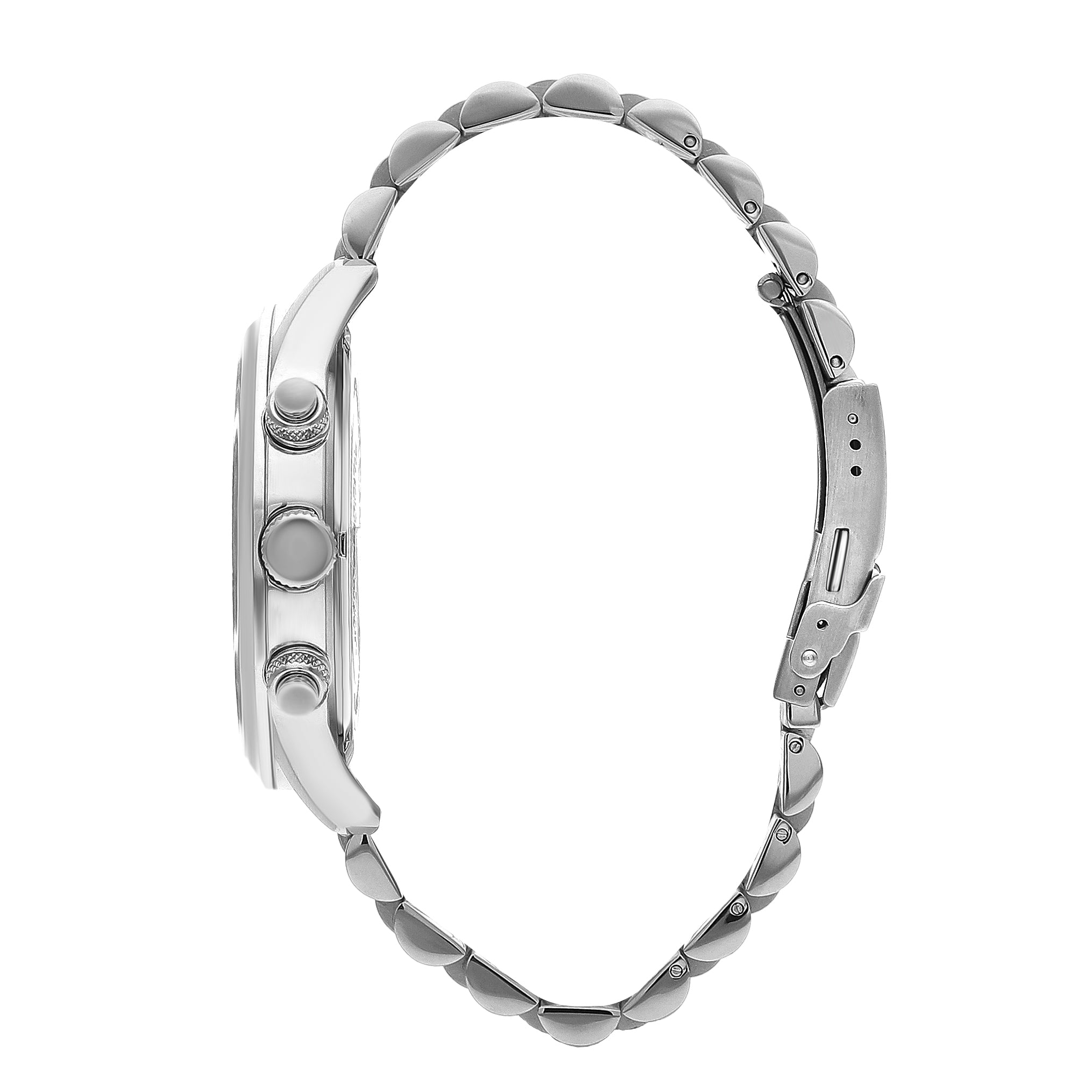 Side view of Quantum chronograph watch showing case profile and silver metal strap