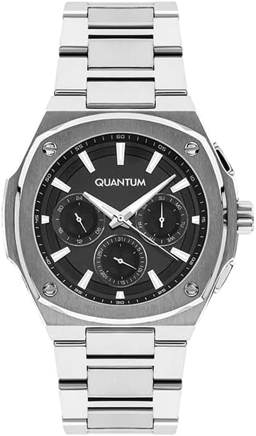 Quantum ADG1032 multi-function chronograph watch with black dial and silver metal bracelet