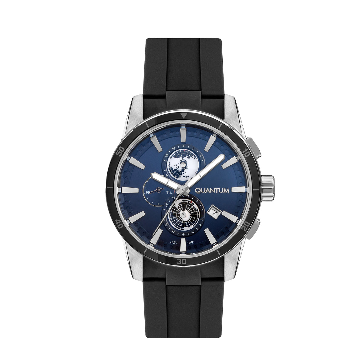 Quantum Dual Time World Watch ADG991.391 with blue dial and black silicone strap