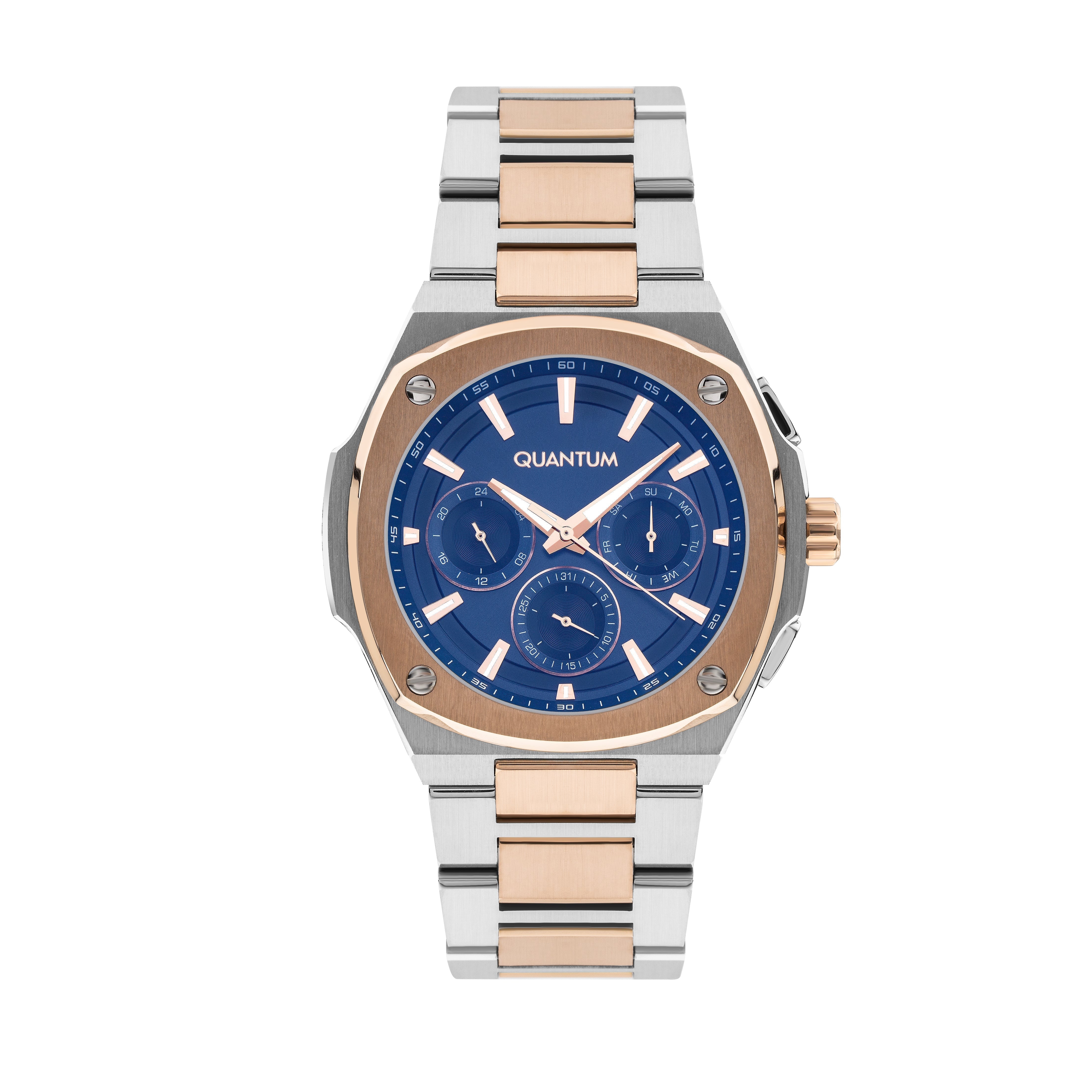 Quantum Adrenaline two-tone watch with blue patterned dial and chronograph subdials