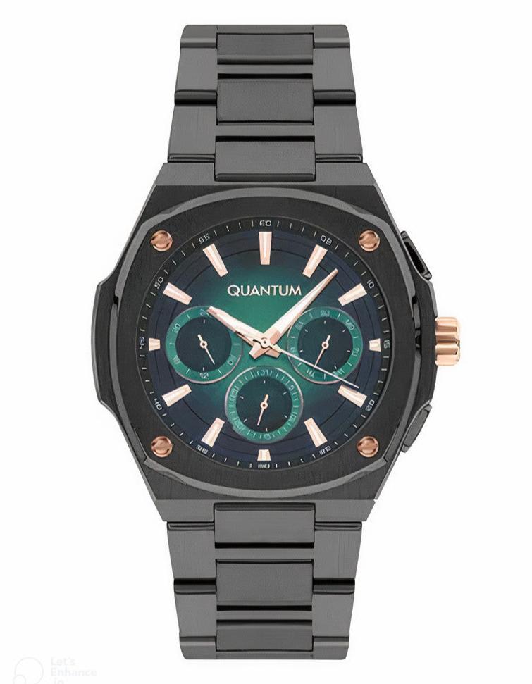 Quantum Chronograph gunmetal watch with multi-dial chronograph face and stainless steel strap