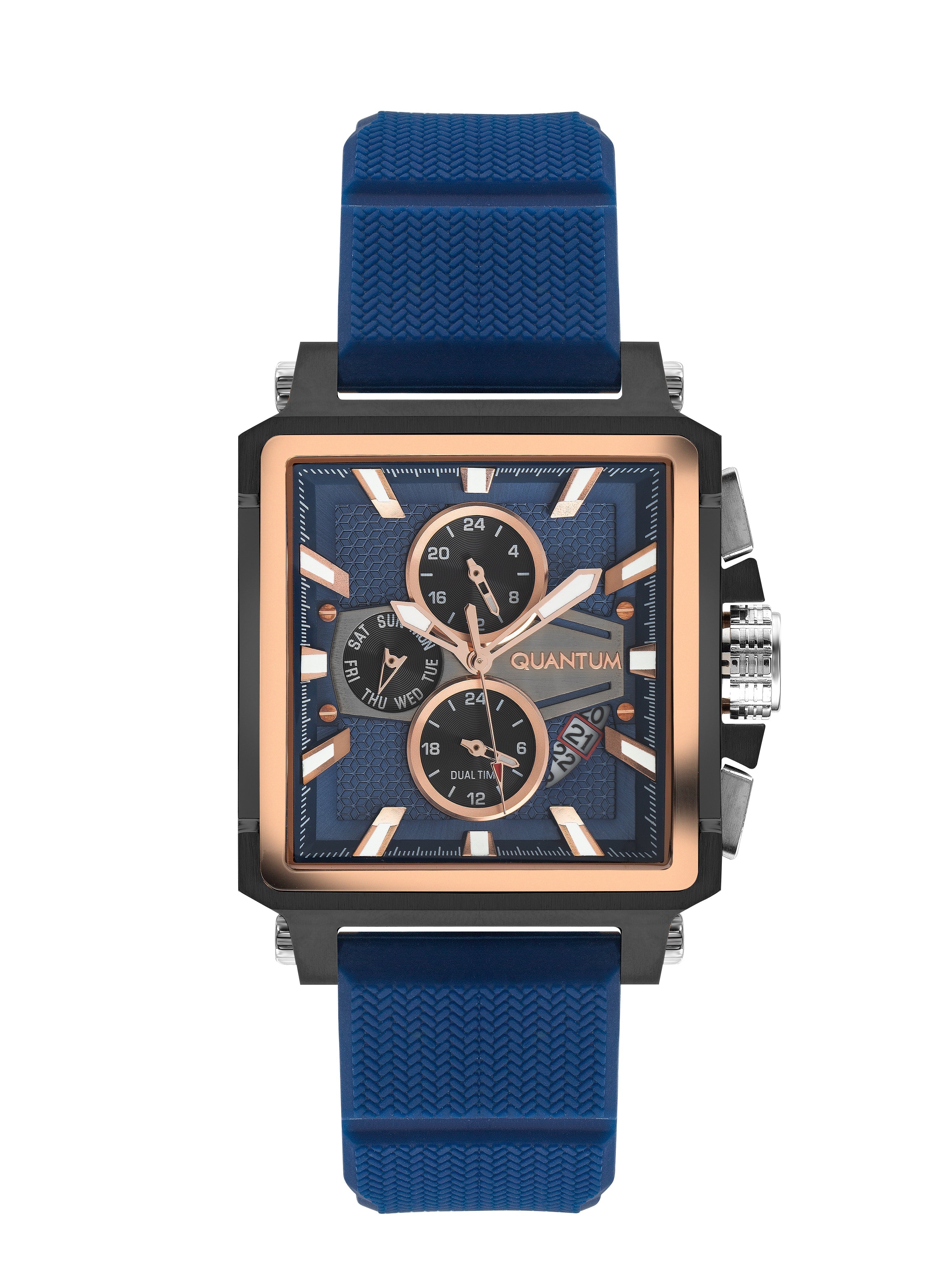 Quantum multifunction square watch with blue dial, rose gold bezel and chronograph subdials, blue silicone strap