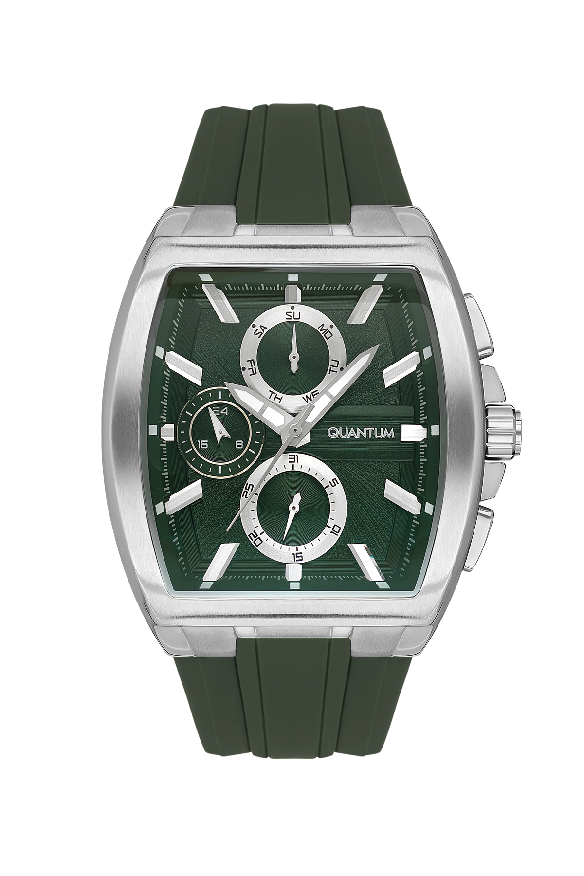 Quantum green chronograph watch with silver case and green silicone strap, front view