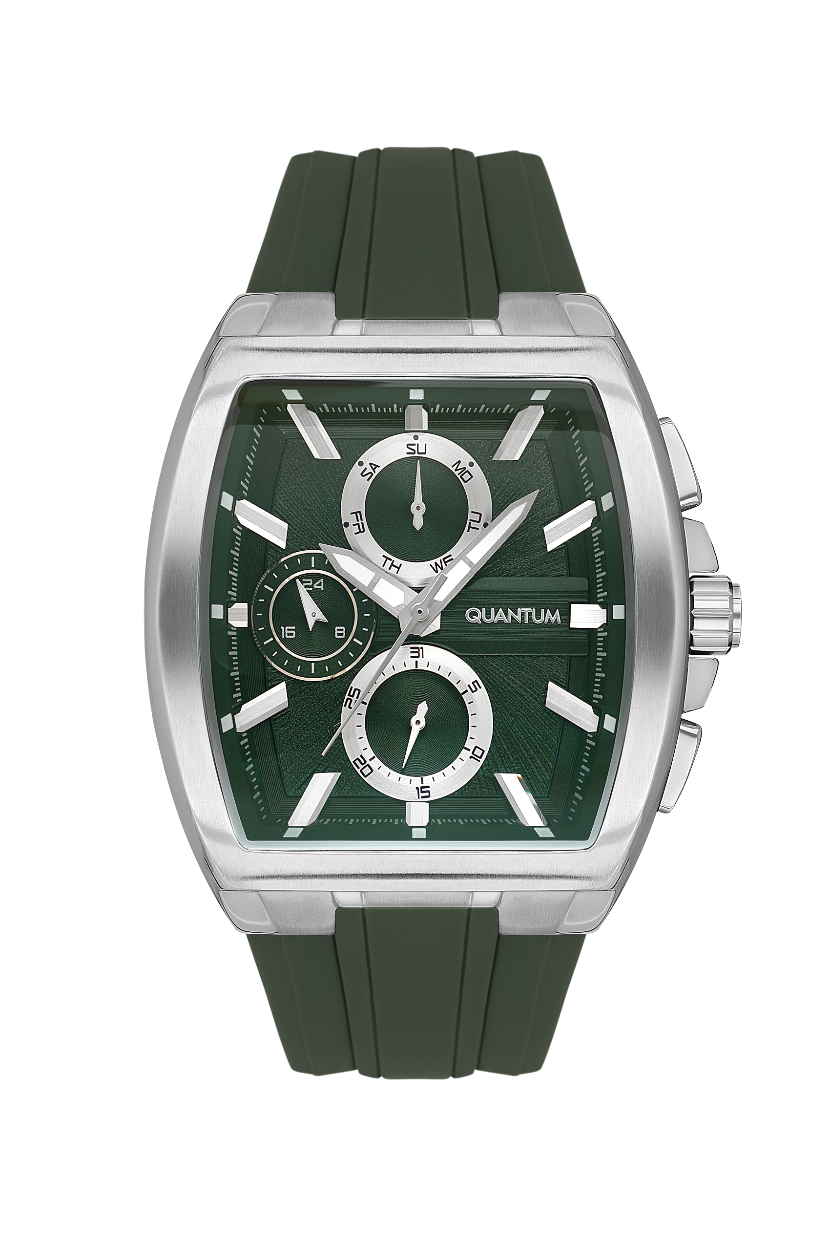 Quantum green chronograph watch with silver case and green silicone strap, front view