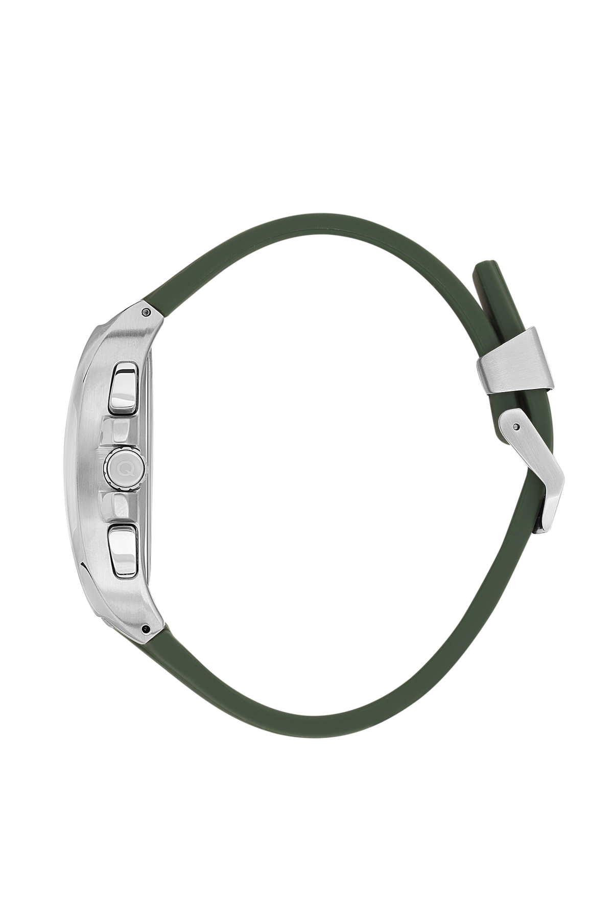 Quantum chronograph watch side profile showing silver case thickness and green strap