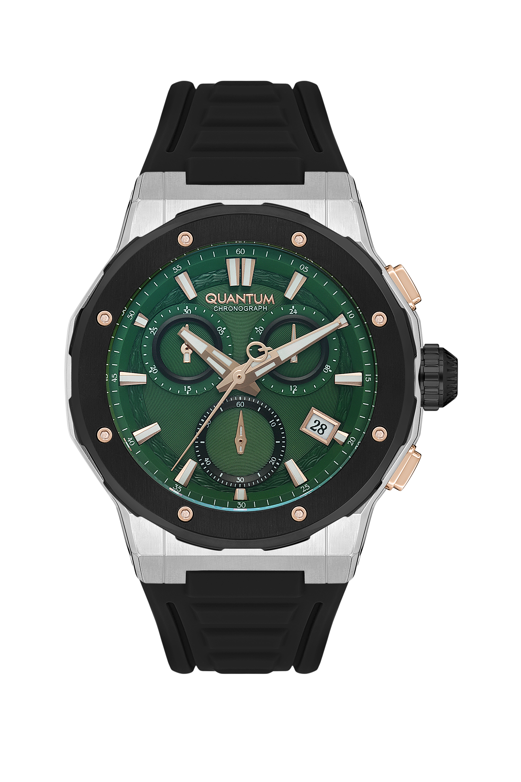 Quantum Hunter chronograph watch with green dial, black rubber strap, and silver case