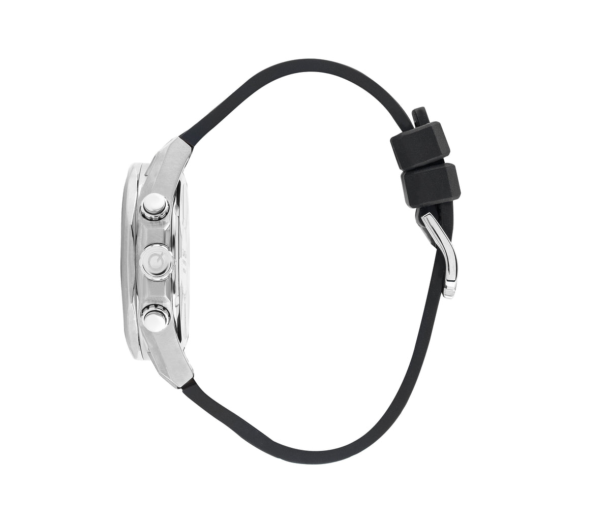 Quantum Powertech chronograph watch side view showing silver case and black leather strap
