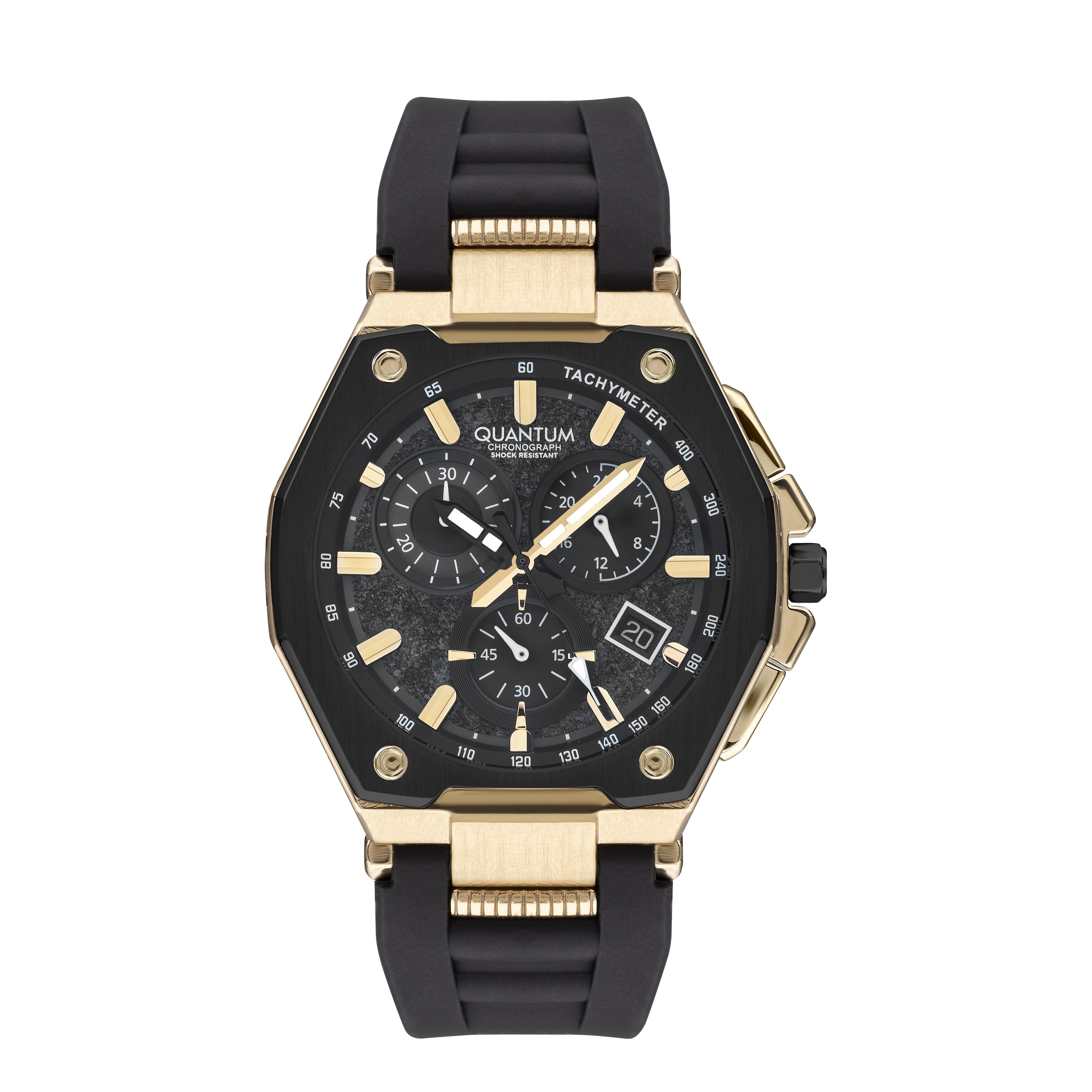 Quantum chronograph watch with black dial, gold case, and black silicone strap