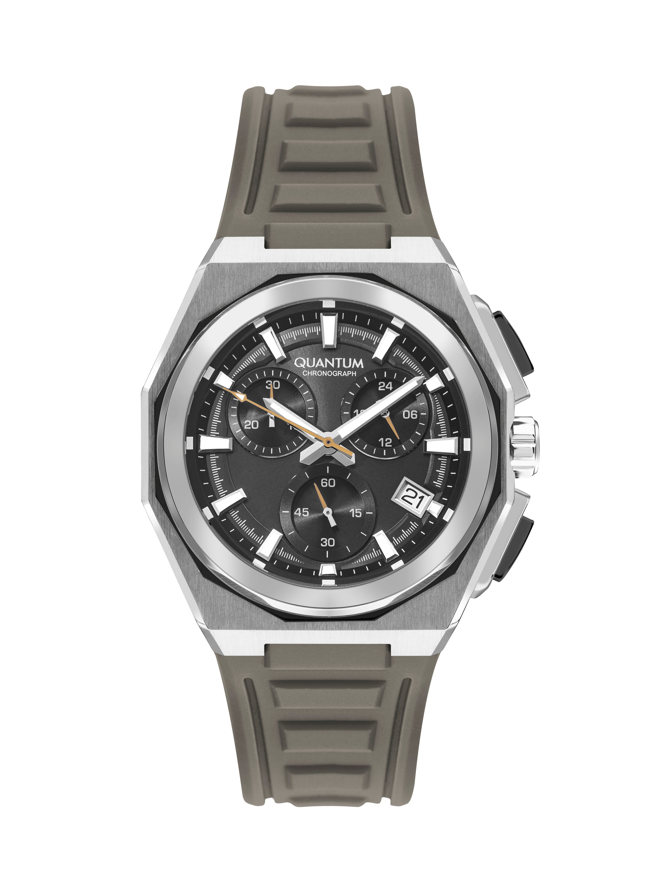 Quantum multifunction chronograph watch with black dial, silver case, and beige silicone strap