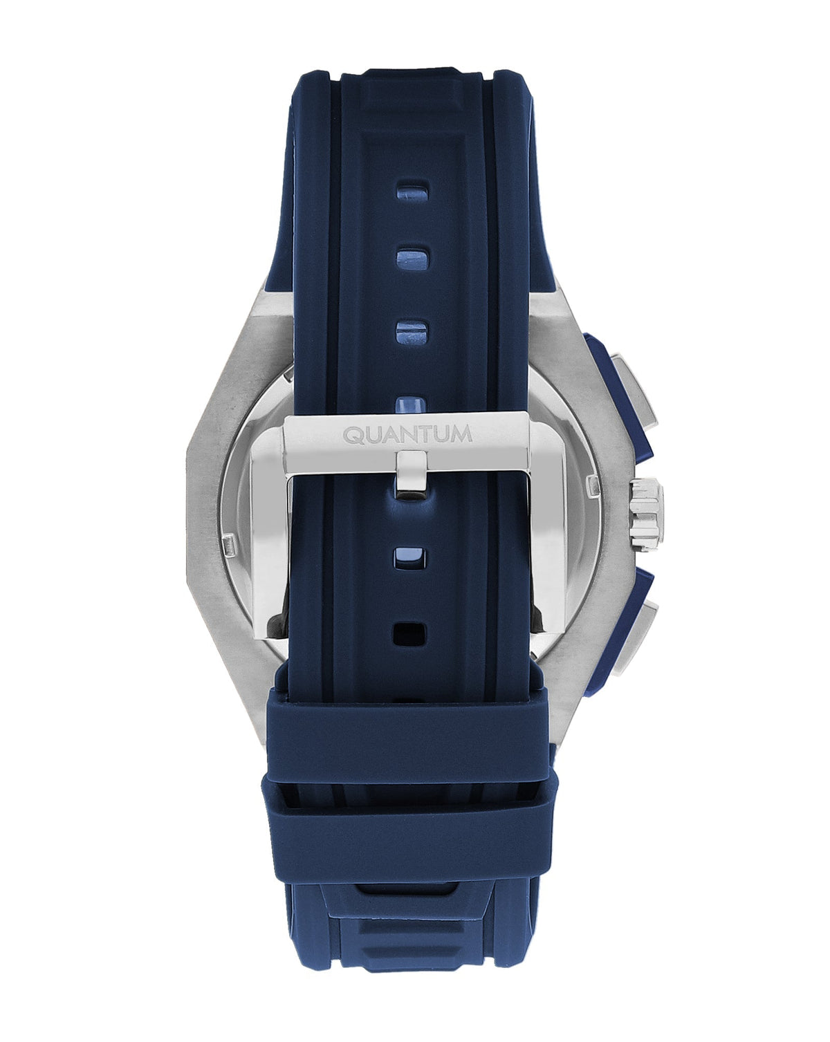 Quantum PWG1078 watch caseback displaying navy strap and silver case back