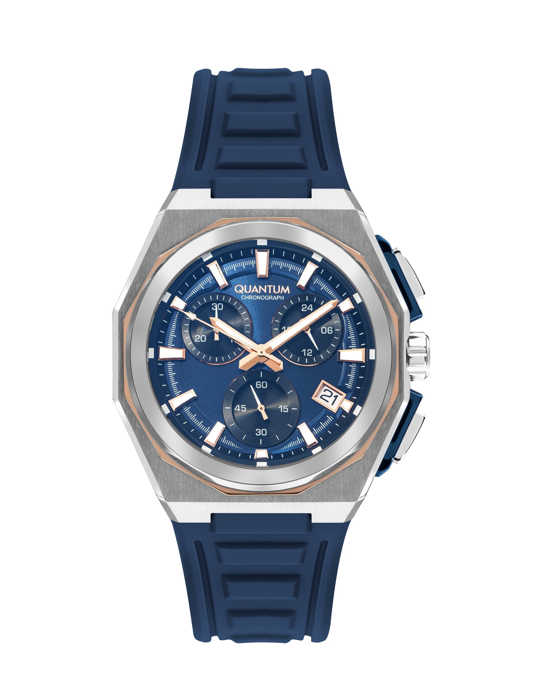 Quantum PWG1078 navy multifunction chronograph watch with blue dial and silver case