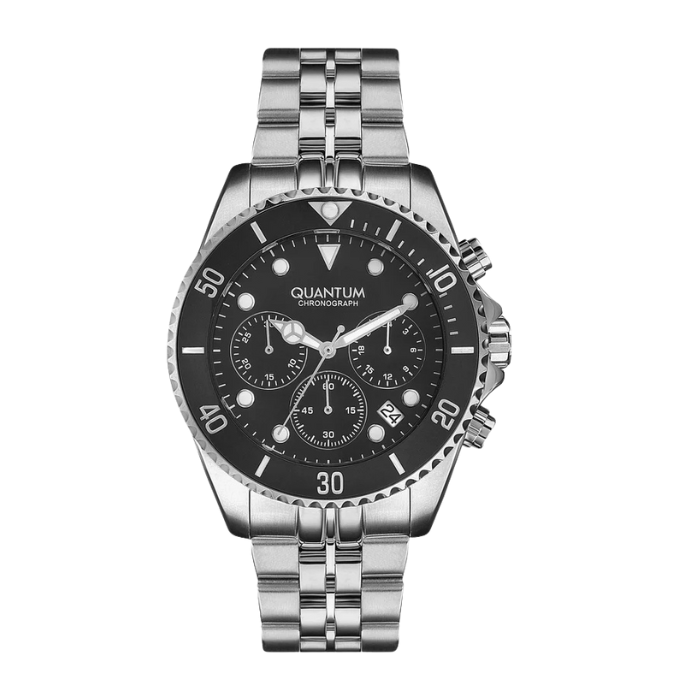 Quantum Chronograph black dial silver stainless steel watch with chronograph subdials
