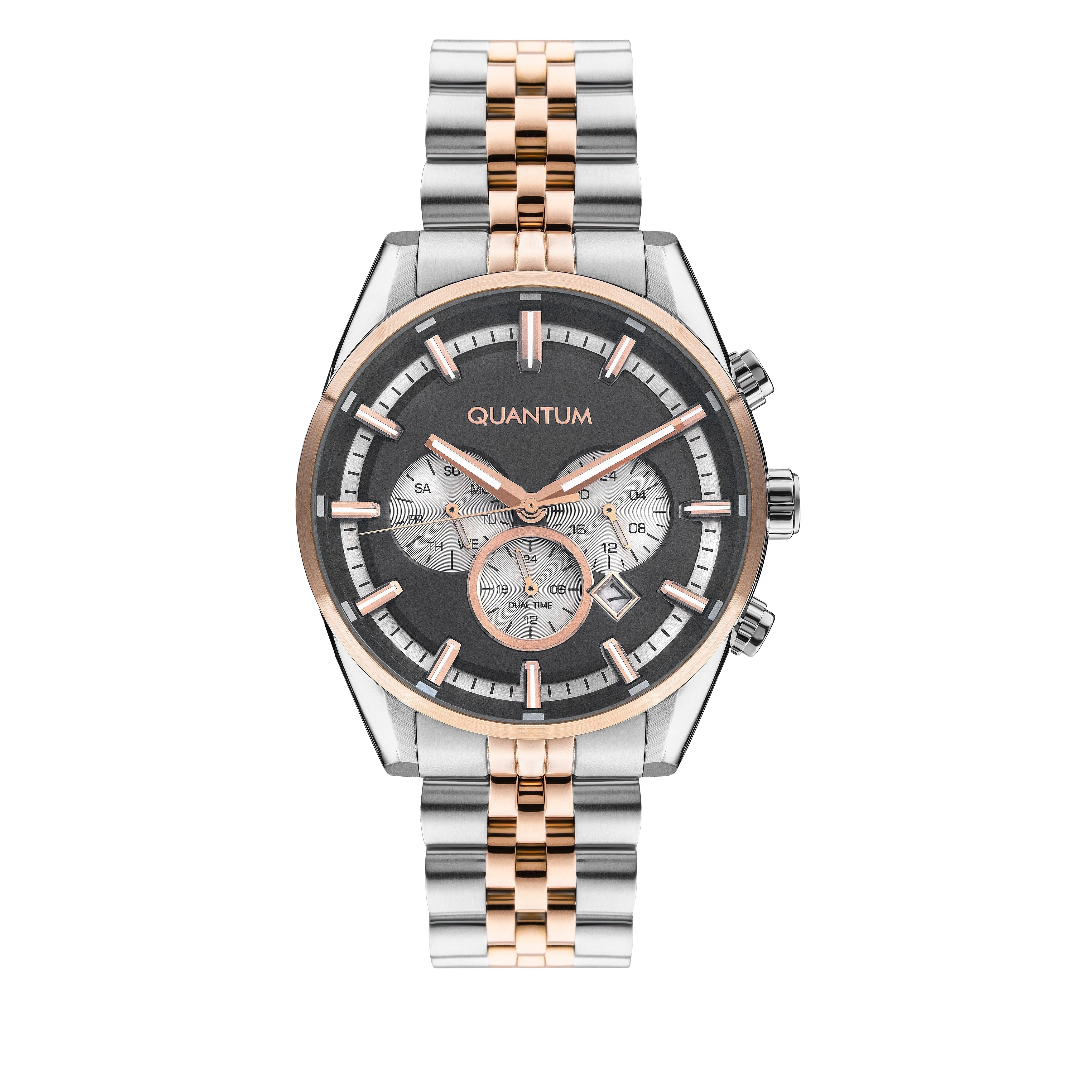 Quantum PWG987.550 two-tone chronograph watch with gun dial and rose gold accents