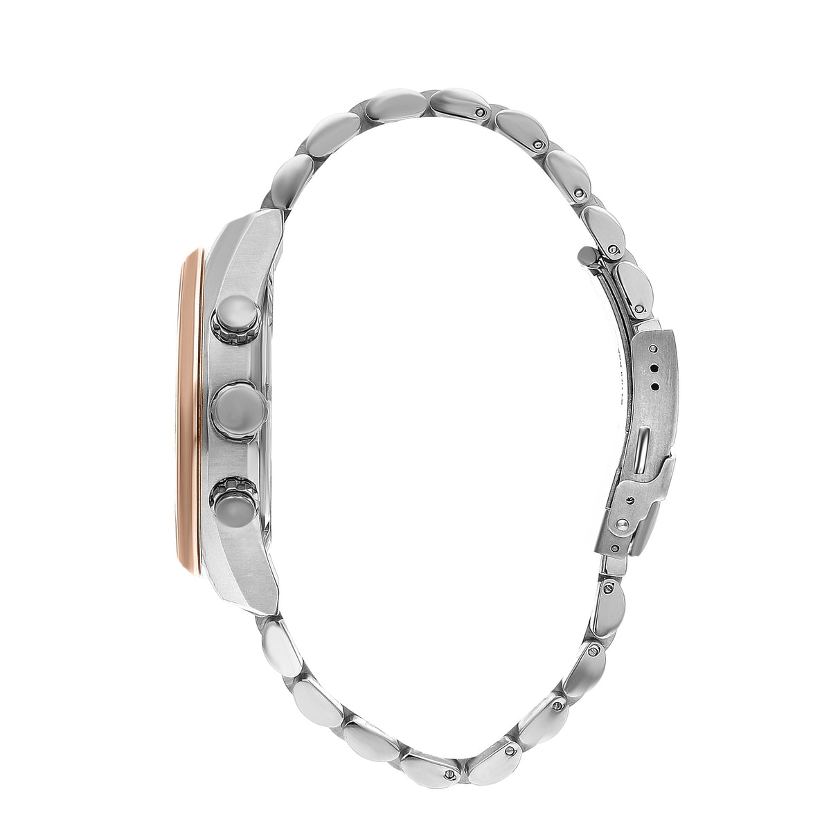 Side profile of Quantum PWG987.550 watch showing rose gold and silver two-tone bracelet