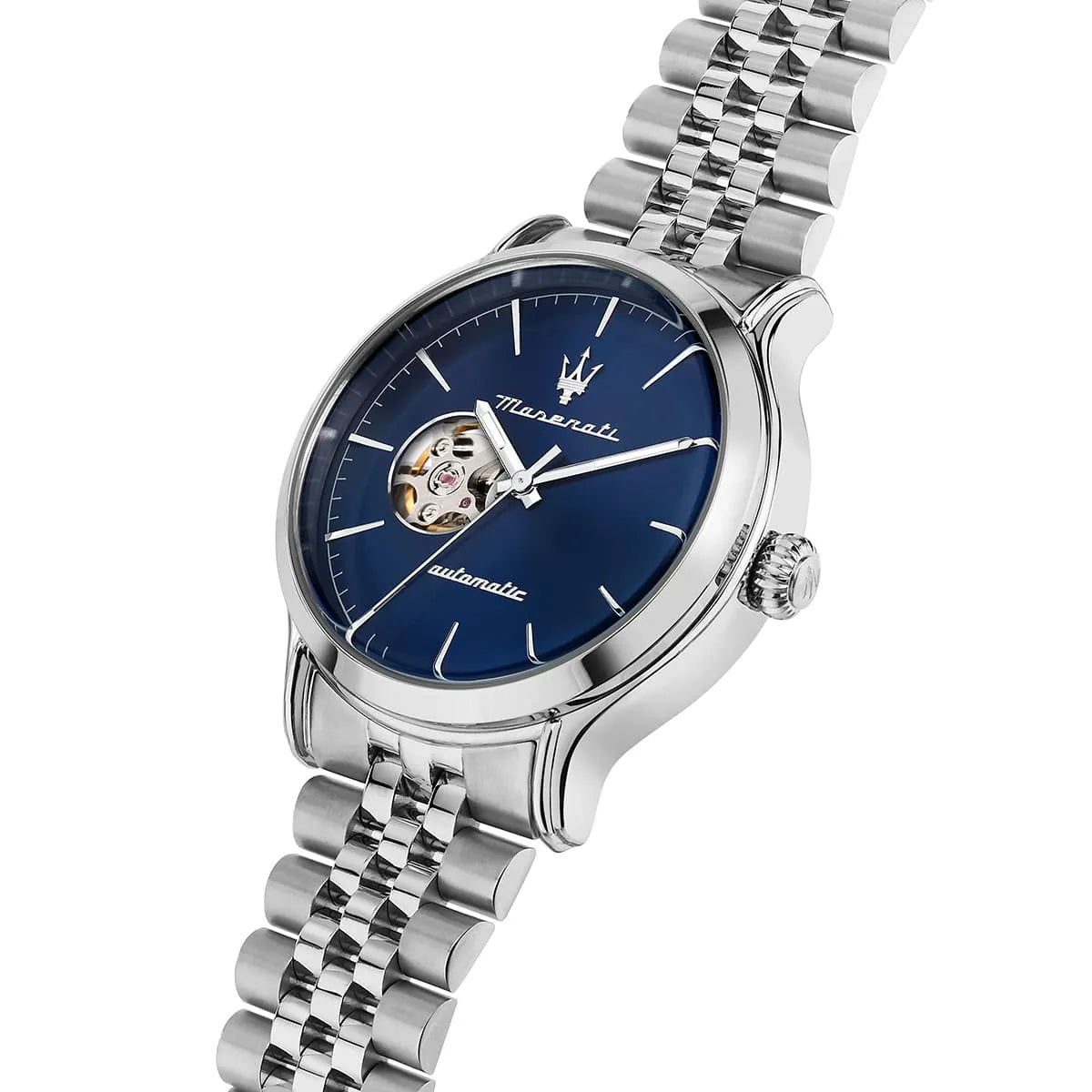 Maserati Epoca automatic watch angled view showing blue dial and stainless steel bracelet