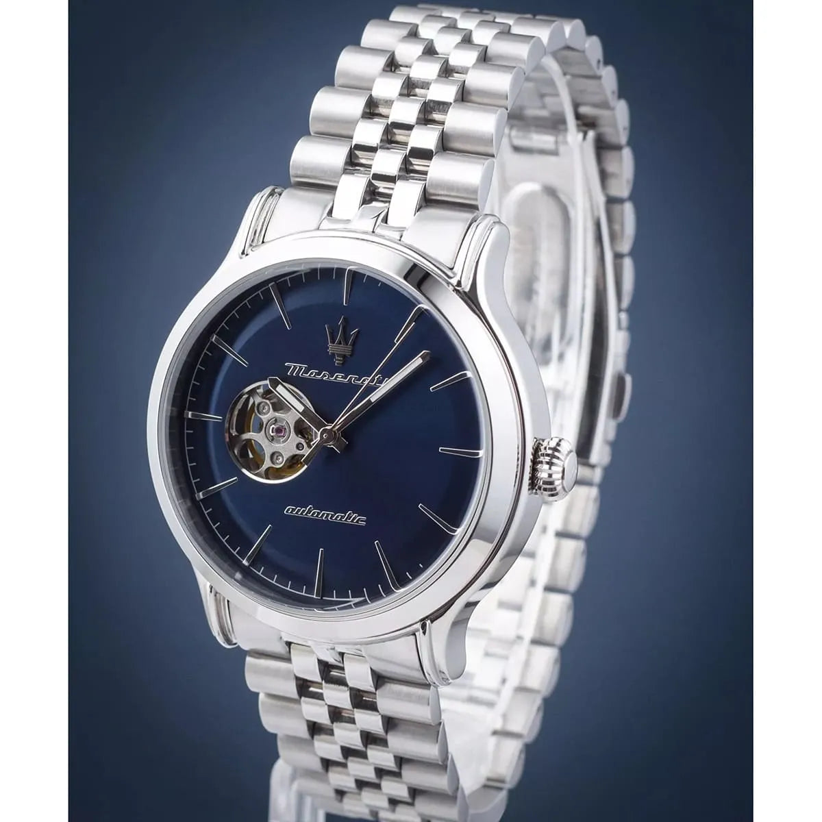 Maserati Epoca men's automatic watch with blue dial on gradient background
